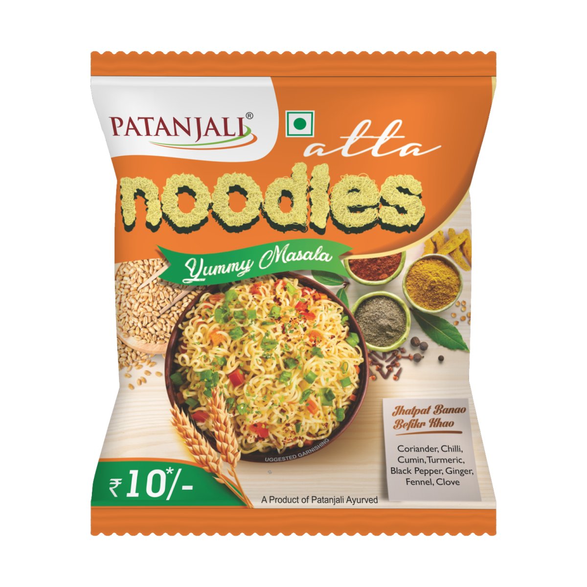 Front pack of Patanjali Atta Noodles Yummy Masala 60 g