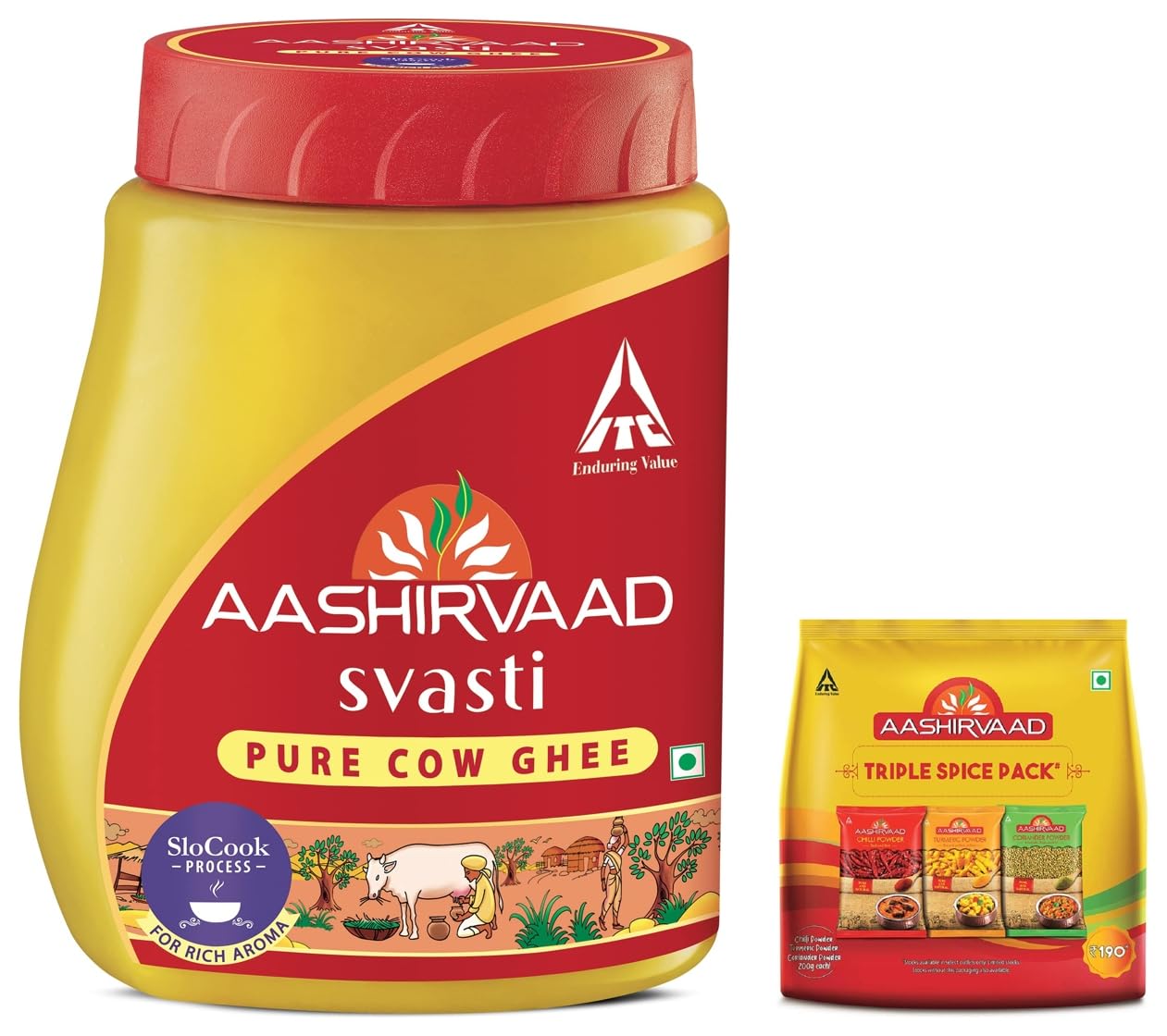 Aashirvaad ghee bottle and three spice packs in combo