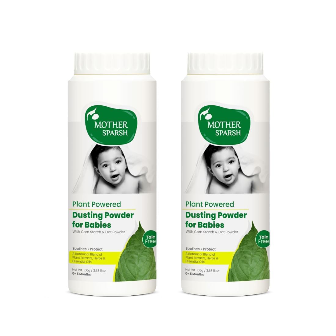 Twin pack of Mother Sparsh talc-free baby powder bottles