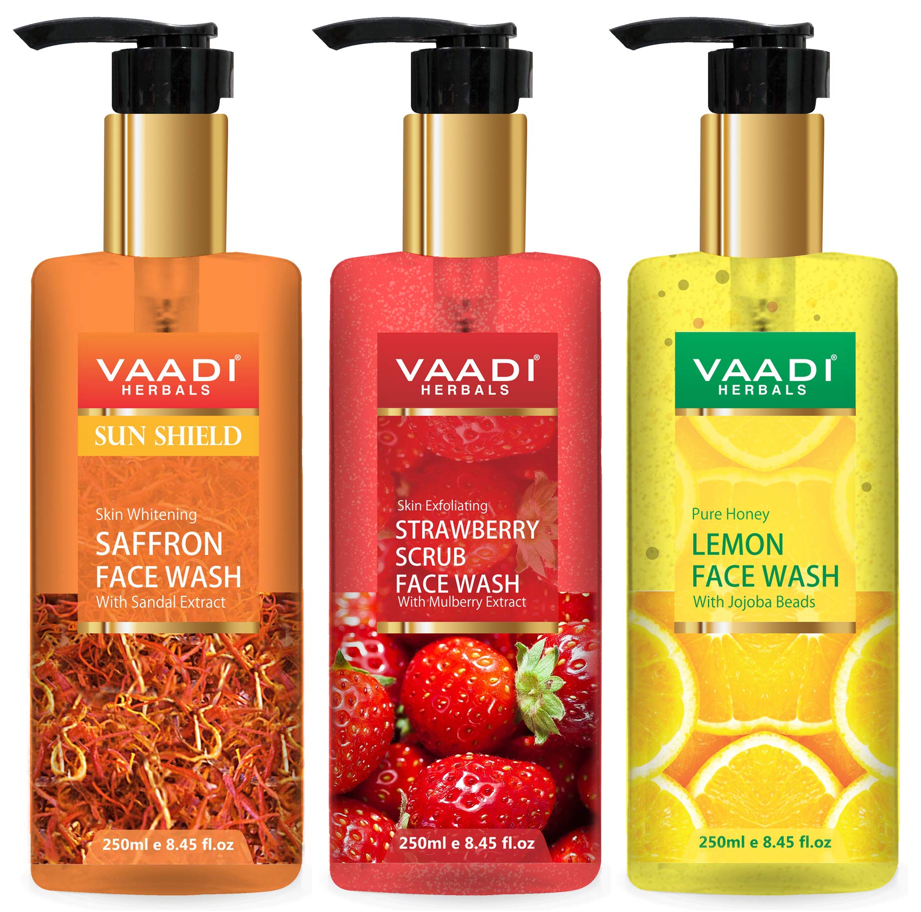 Three Vaadi Herbals face washes in saffron, strawberry, and honey lemon