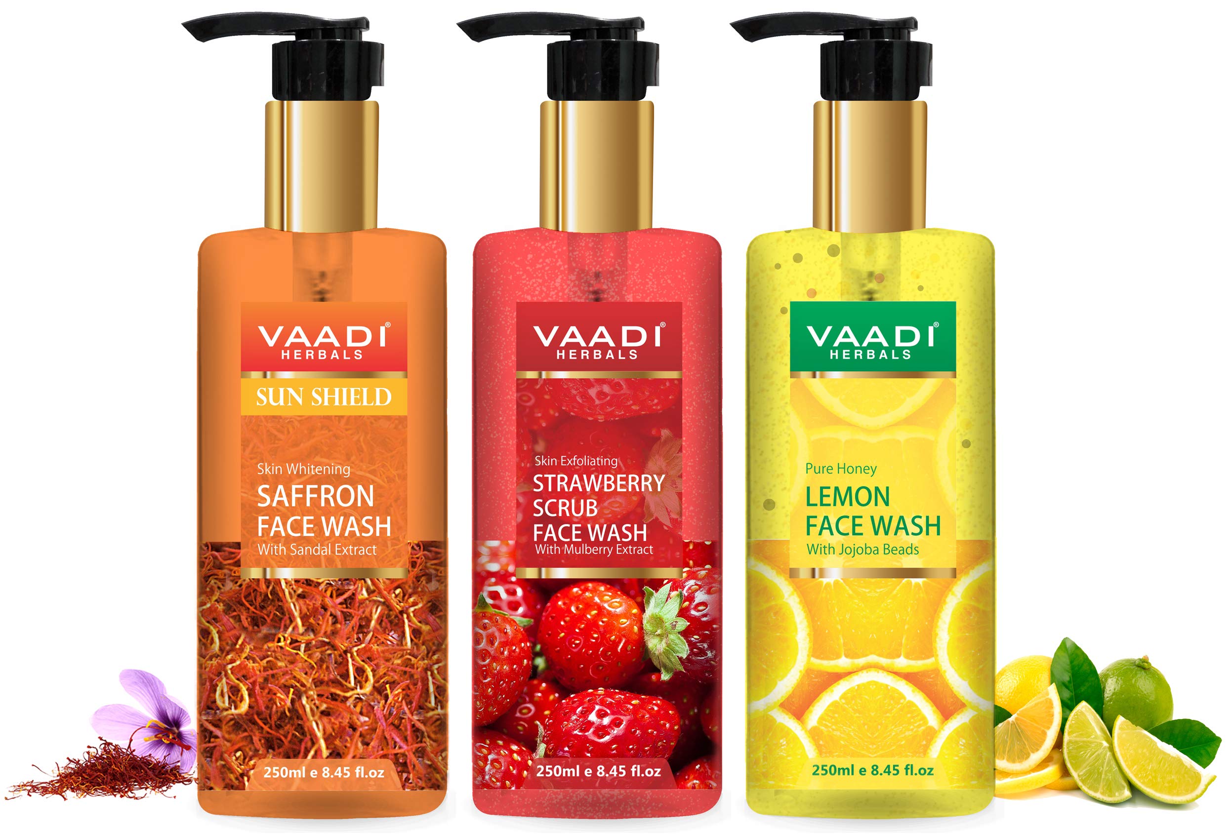 Vaadi Herbals Pvt Ltd Skin Whitening Saffron, Strawberry Scrub & Honey Lemon Face Wash, 250 Ml (Pack Of 3) – view 2