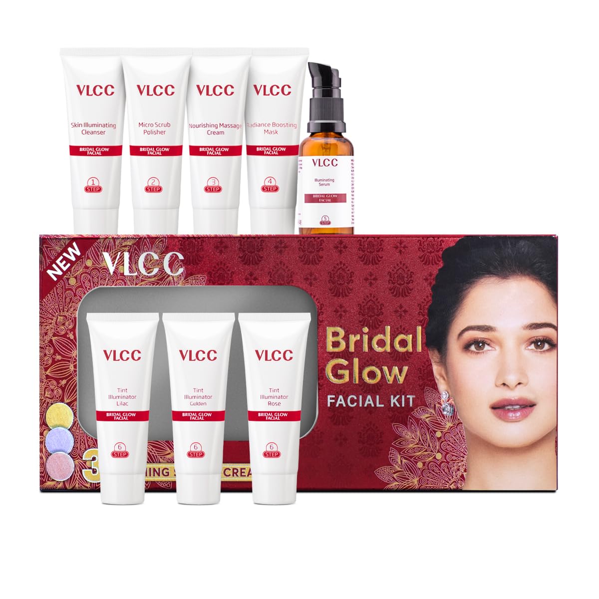 VLCC facial kit box with gold lilac and rose illuminators