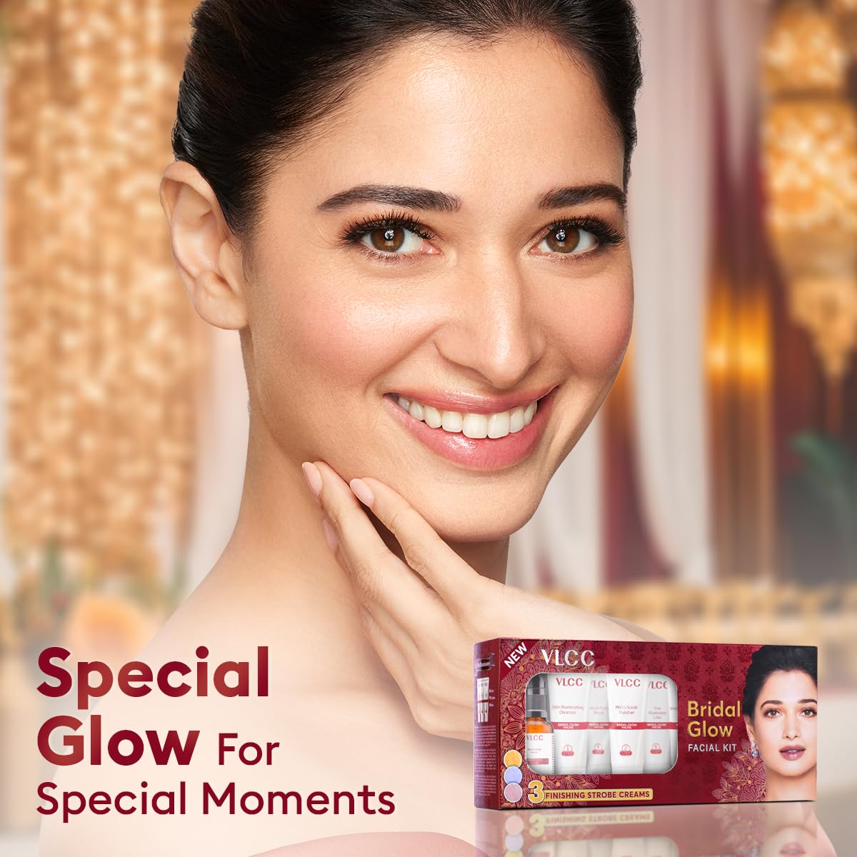 VLCC Bridal Glow Facial Kit - 49g, With Hyaluronic Acid, Niacinamide & Vitamin C. At home facial with 3 Illuminator Strobe Creams - Gold Strobe Cream. Lilac Strobe Cream. Rose Strobe Cream – view 2