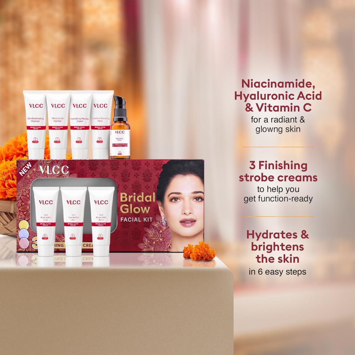 VLCC Bridal Glow Facial Kit - 49g, With Hyaluronic Acid, Niacinamide & Vitamin C. At home facial with 3 Illuminator Strobe Creams - Gold Strobe Cream. Lilac Strobe Cream. Rose Strobe Cream – view 3