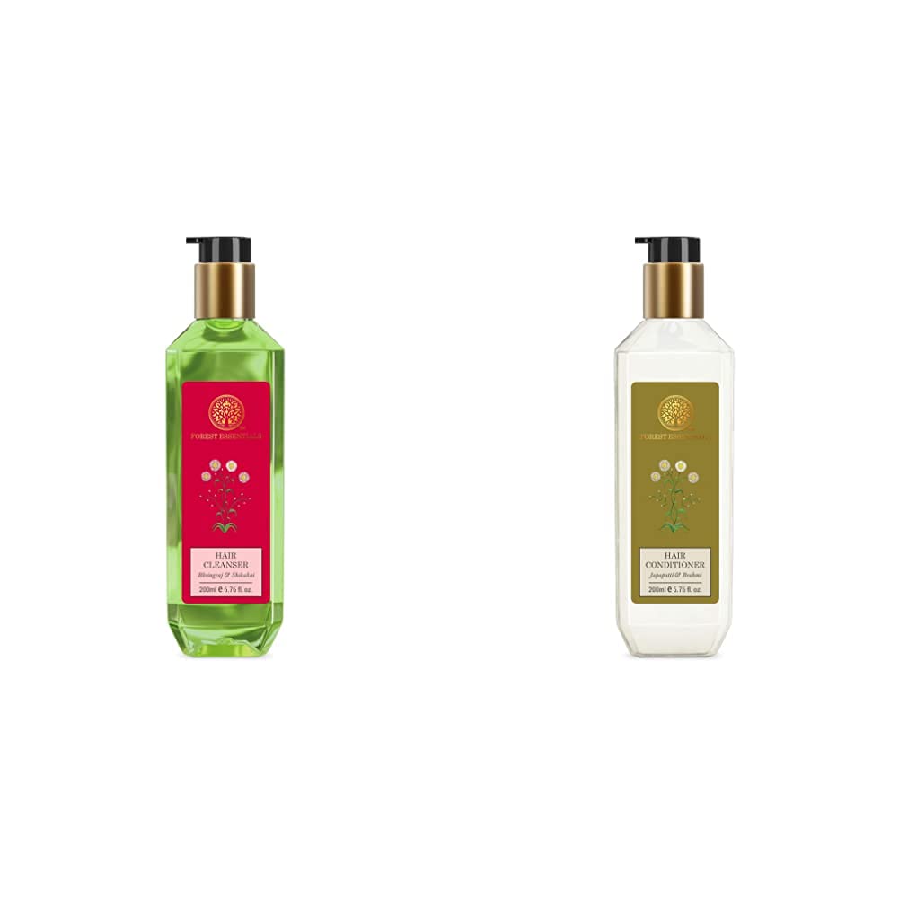 Forest Essentials Bhringraj Shikakai cleanser and Japapatti Brahmi conditioner bottles