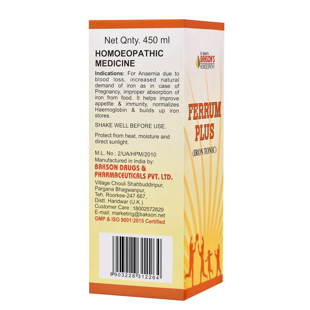 Dr. Bakshi's BAKSON'S HOMOEOPATHY Ferrum Plus Syrup (450ml) – view 3