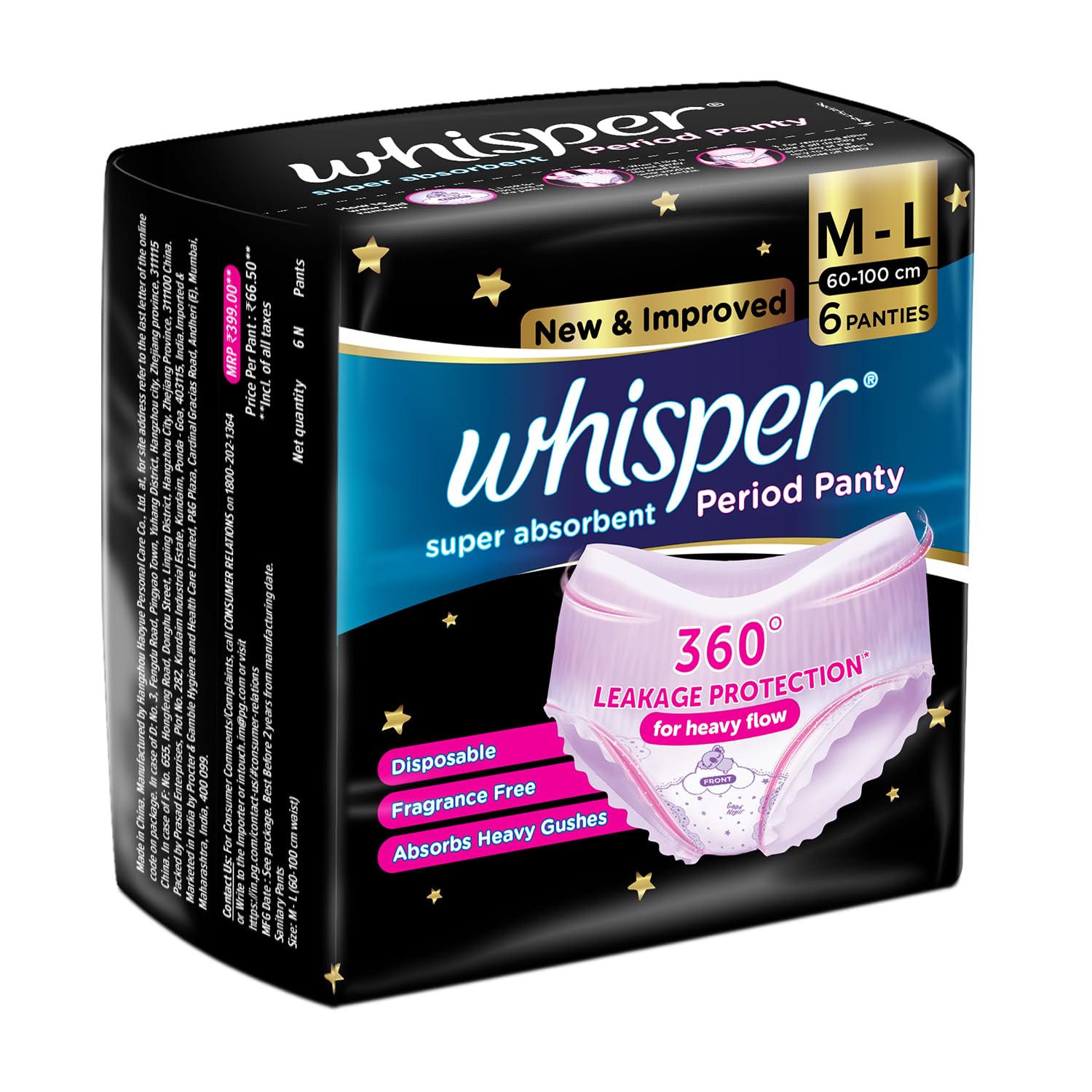 Whisper Super Absorbent Period Panty, 6 M-L Pants, 360 Degree Leakage Protection for Heavy Flow, Panty like Fit for Full back Coverage, Absorbs Heavy Gushes, Silky Soft, Comfortable Feel – view 9