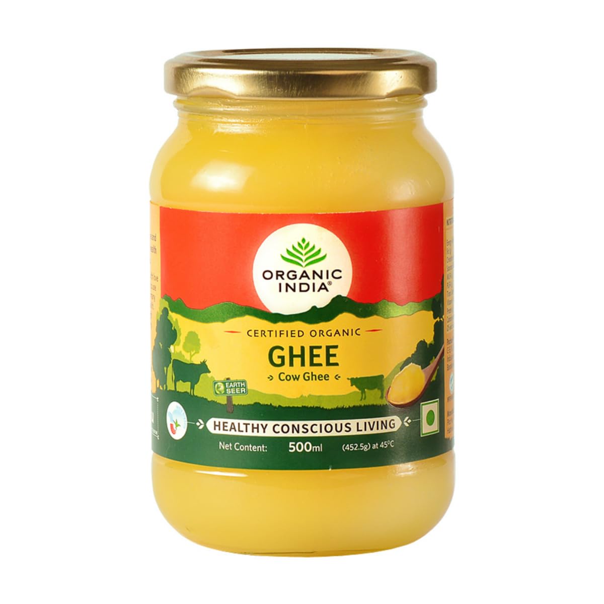 Front view of Organic India cow ghee 445 g jar