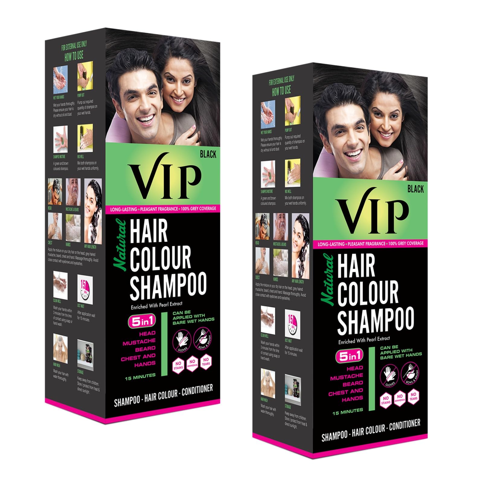 VIP black hair color shampoo bottles in pack of two