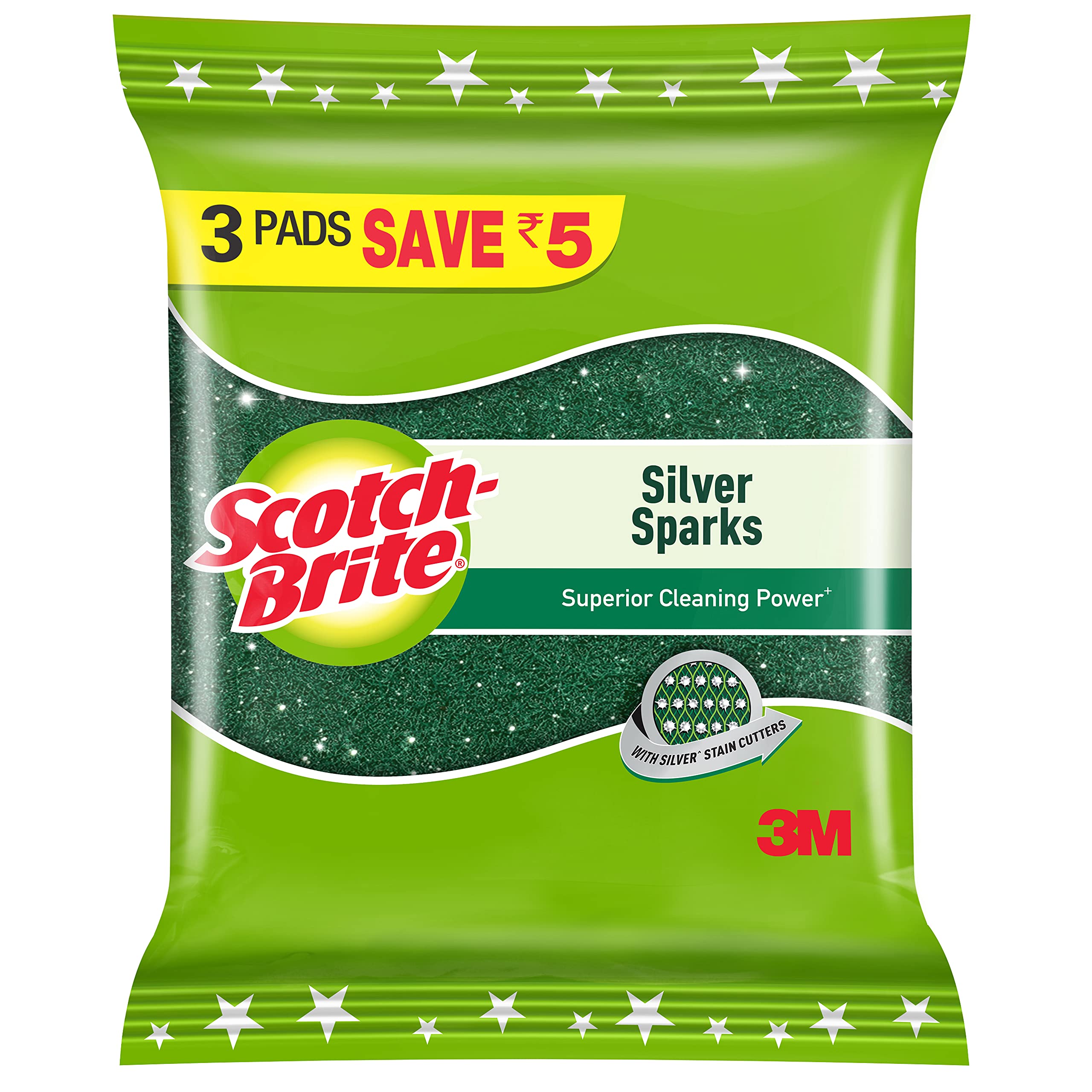 Three Scotch-Brite Silver Sparks nylon scrub pads in pack