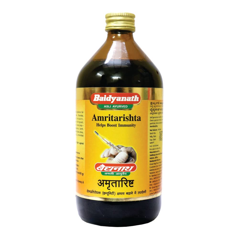 Front view of Baidyanath Amritarishta 450 ml bottle