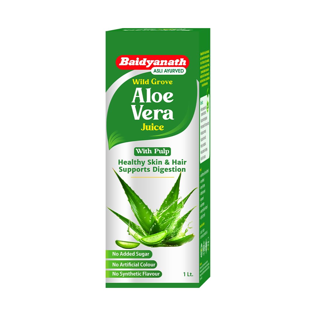 Front-facing Baidyanath aloe vera juice bottle with pulp, 1000 ml