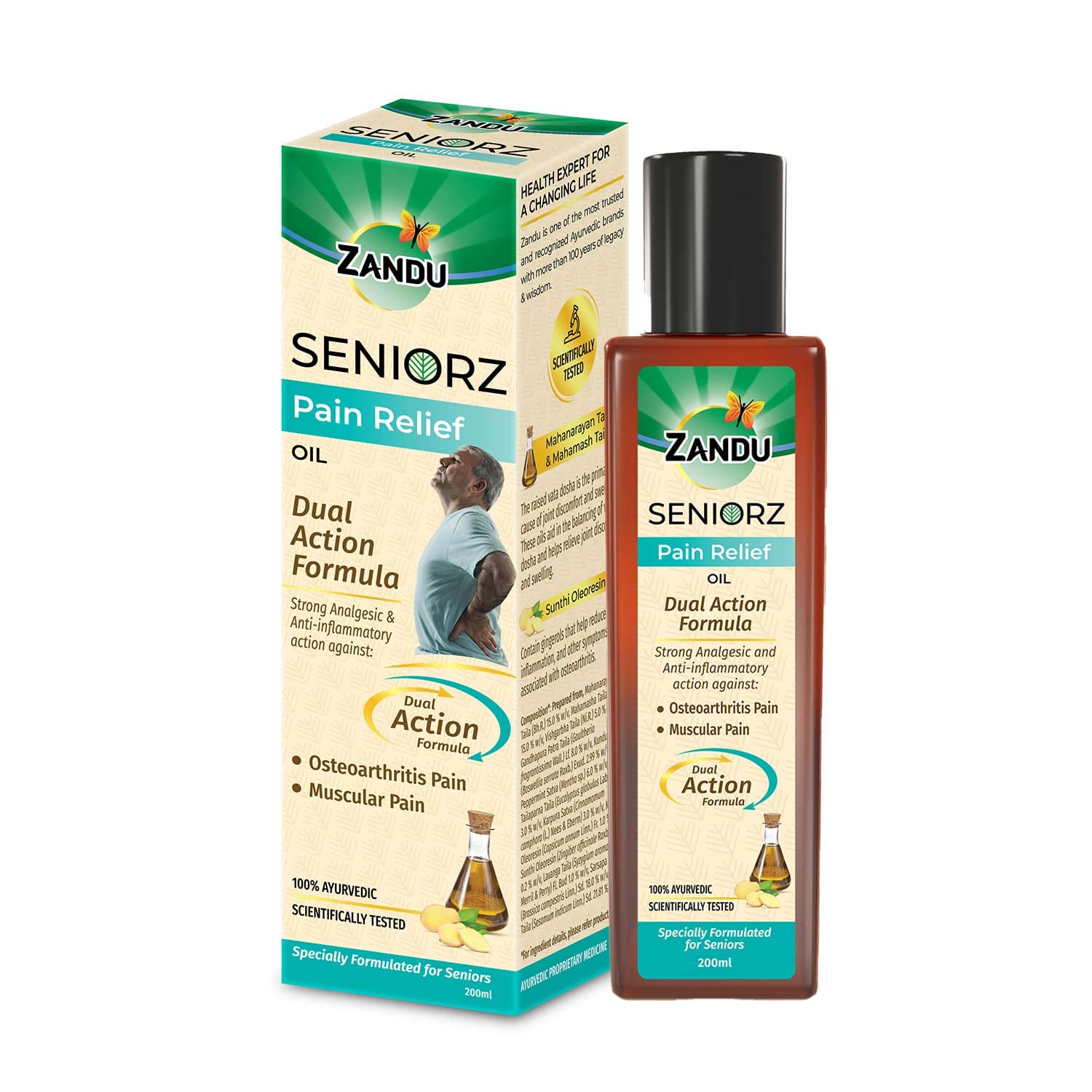 Front view of Zandu Seniorz Ayurvedic pain relief oil 200 ml