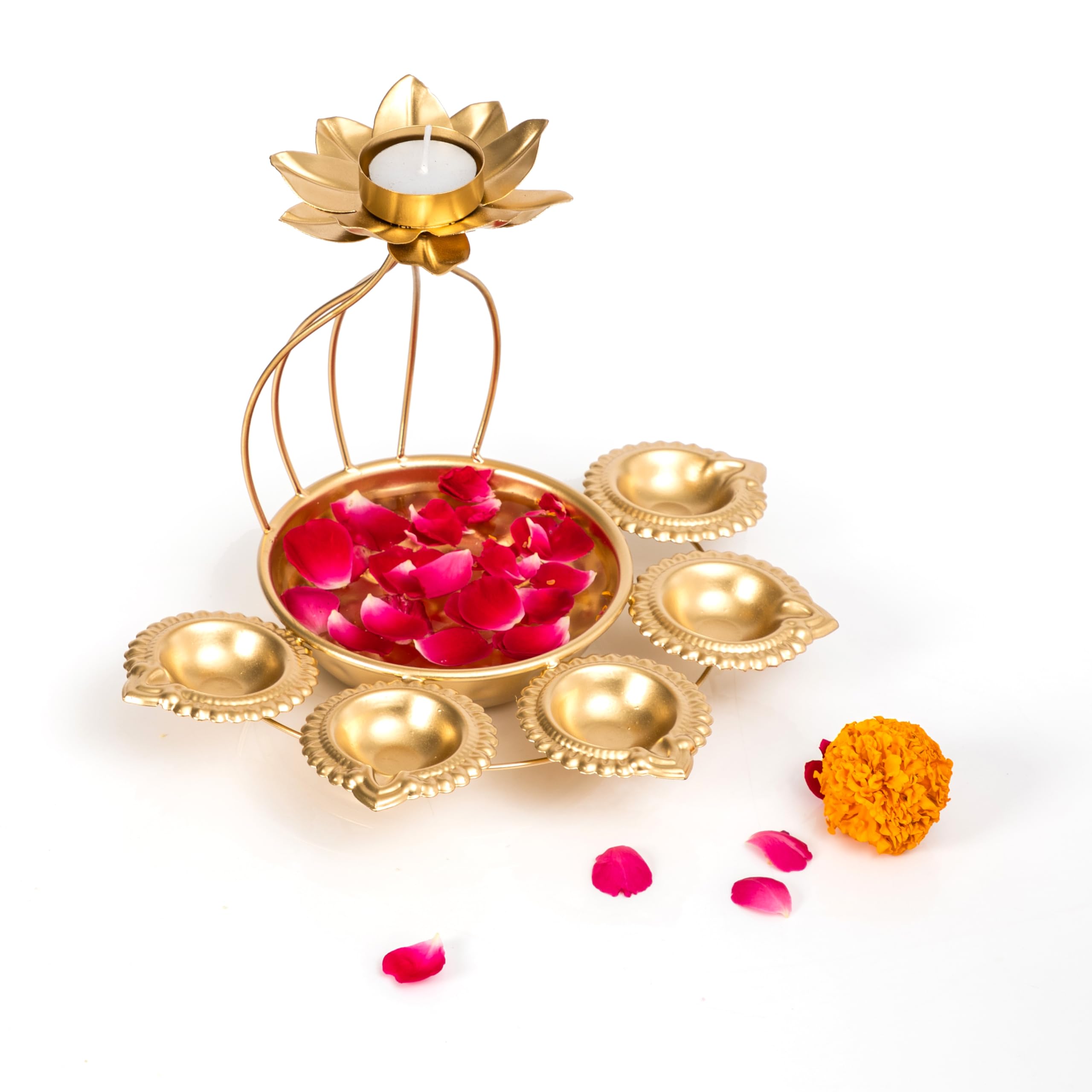 CraftVatika Metal Lotus Tealight Candle Holder for Diwali Decoration Items with Base of Urli Bowl and Diya - Gold (Height 18.5 CM), Diwali Gift Items – view 2