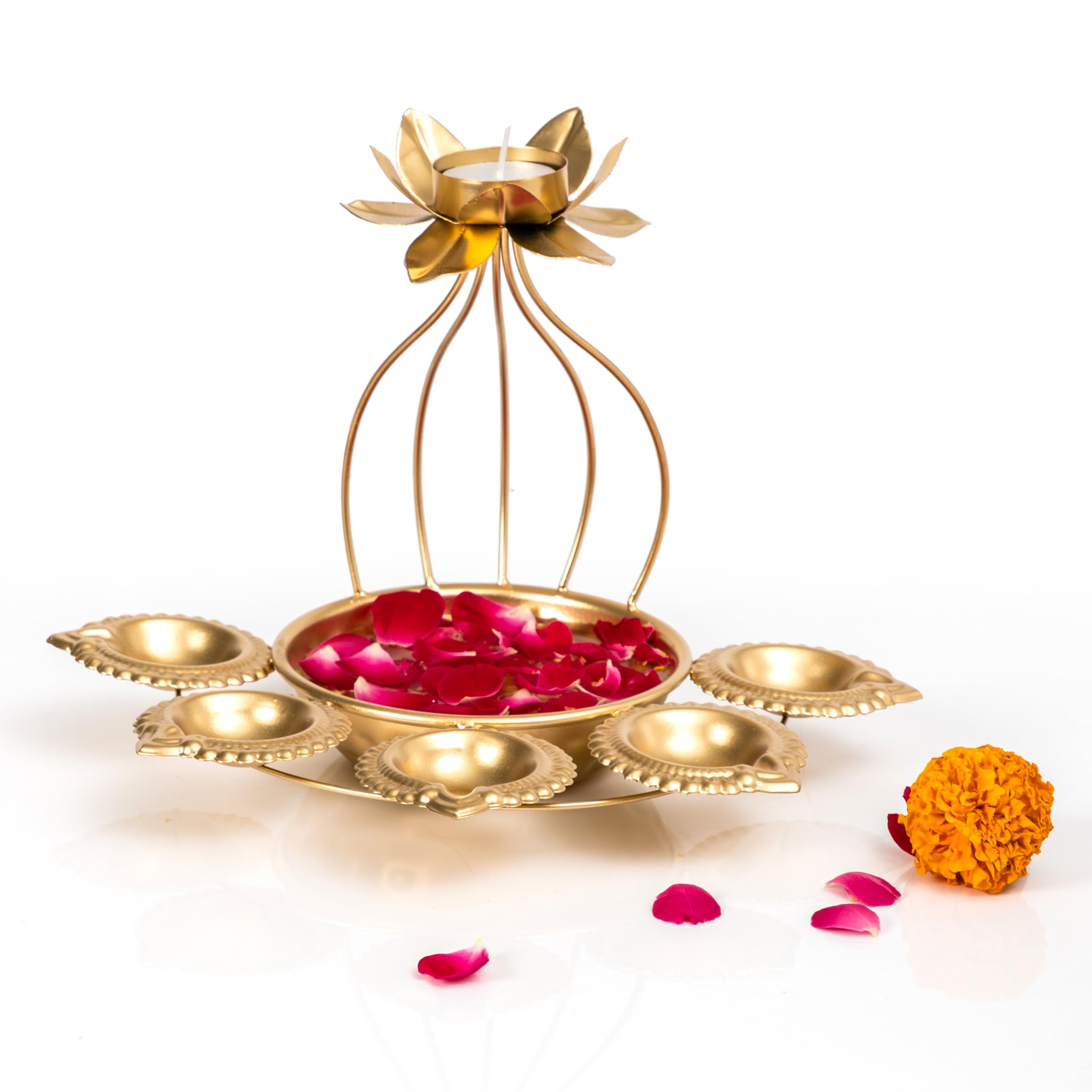 CraftVatika Metal Lotus Tealight Candle Holder for Diwali Decoration Items with Base of Urli Bowl and Diya - Gold (Height 18.5 CM), Diwali Gift Items – view 3