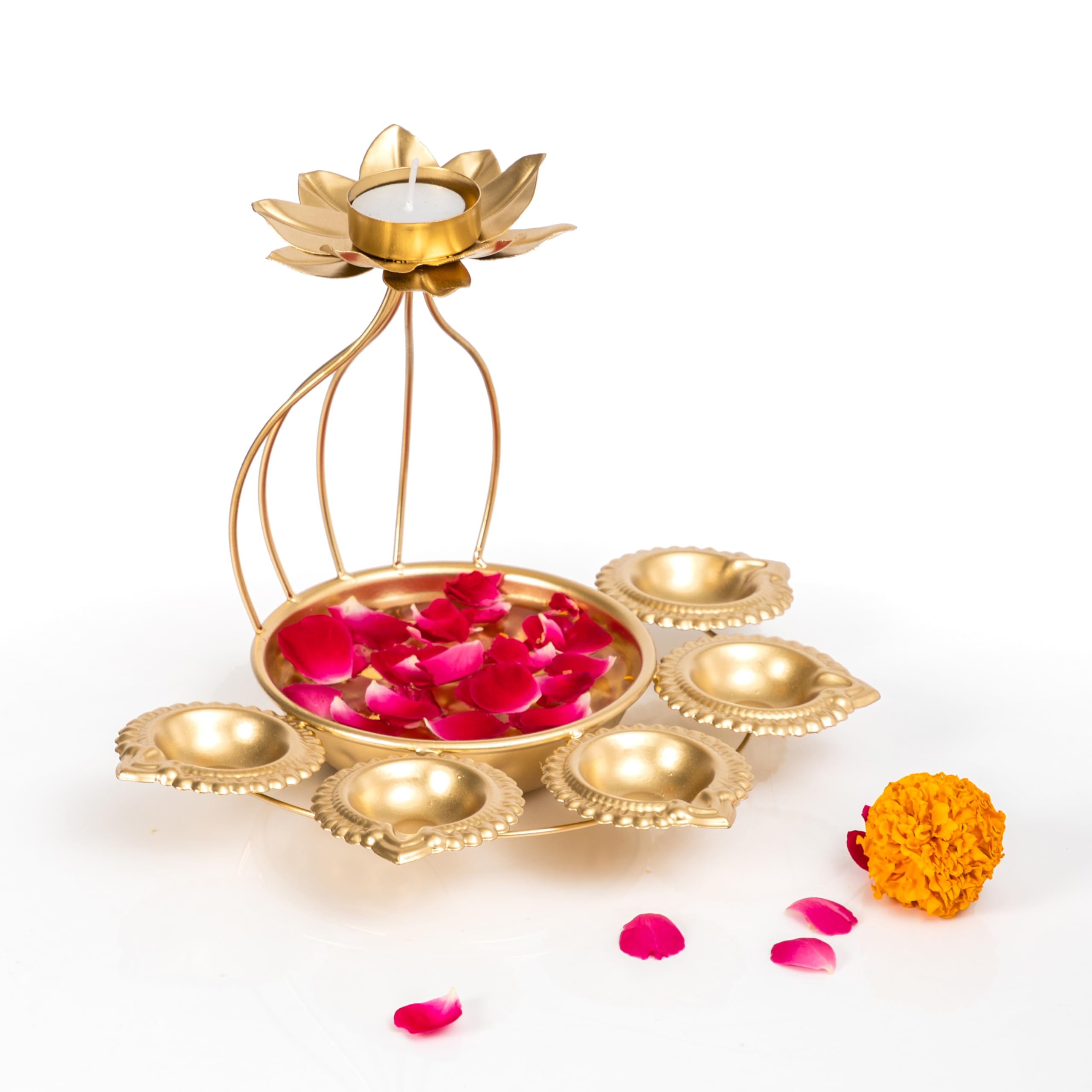 CraftVatika Metal Lotus Tealight Candle Holder for Diwali Decoration Items with Base of Urli Bowl and Diya - Gold (Height 18.5 CM), Diwali Gift Items – view 4