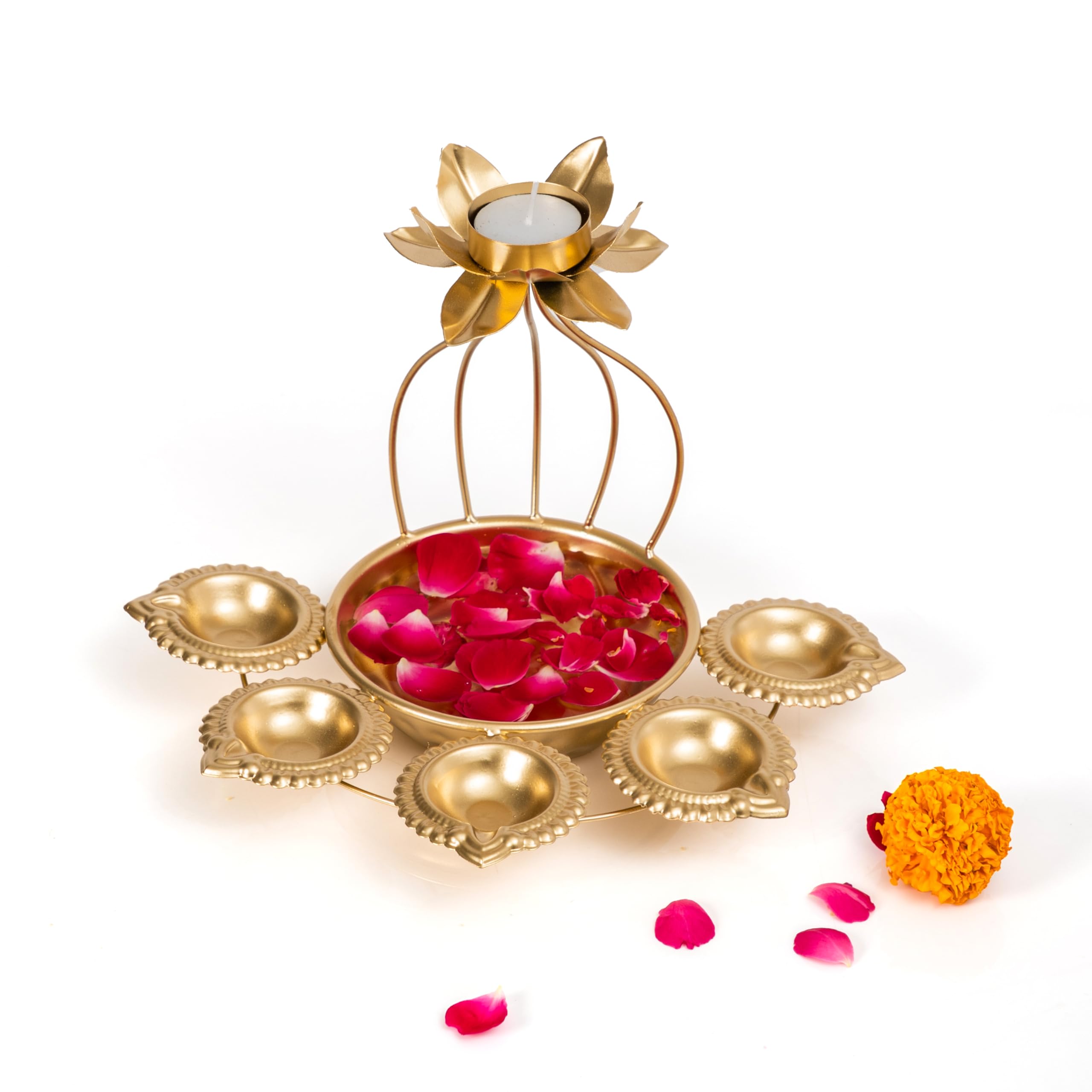 CraftVatika Metal Lotus Tealight Candle Holder for Diwali Decoration Items with Base of Urli Bowl and Diya - Gold (Height 18.5 CM), Diwali Gift Items – view 5