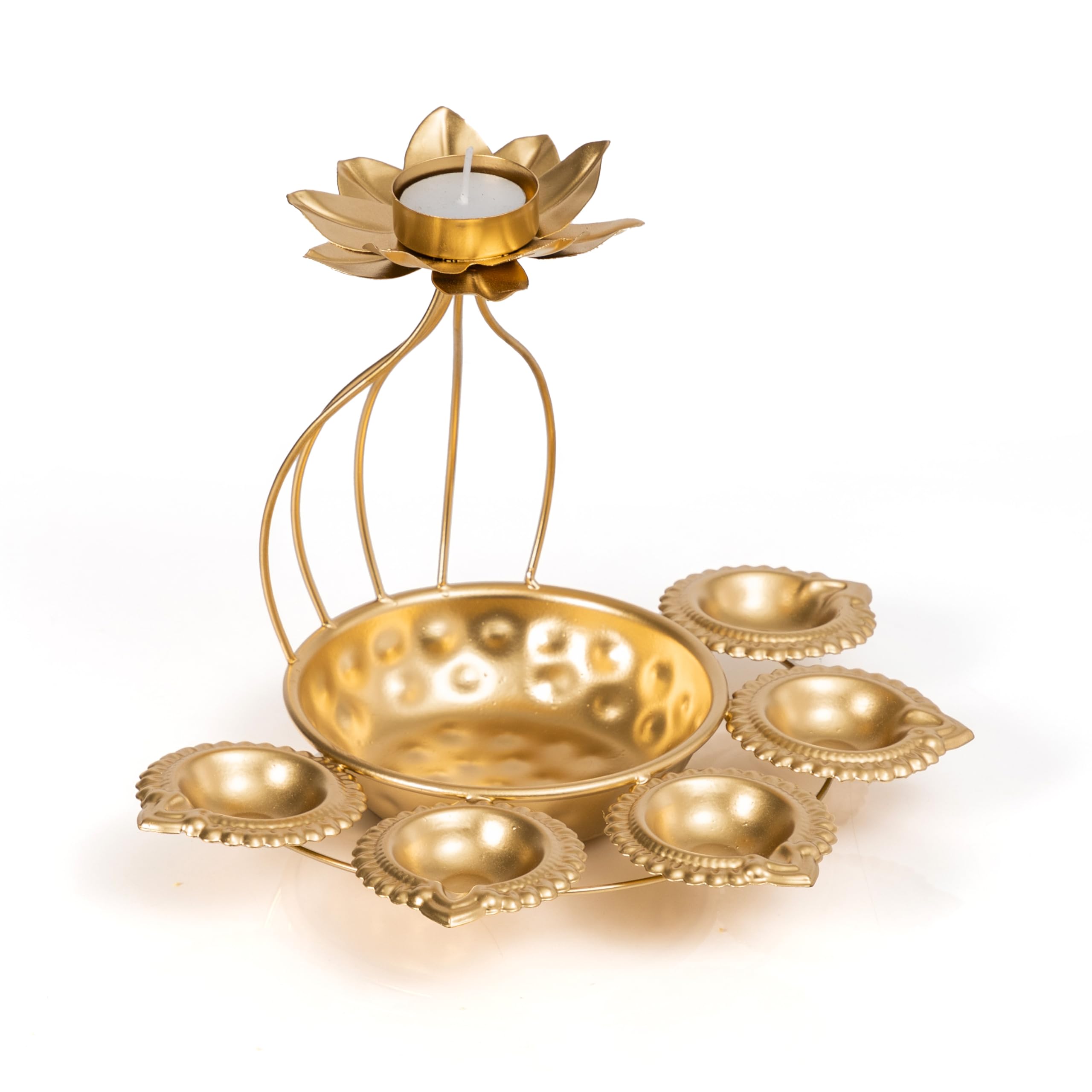 CraftVatika Metal Lotus Tealight Candle Holder for Diwali Decoration Items with Base of Urli Bowl and Diya - Gold (Height 18.5 CM), Diwali Gift Items – view 6