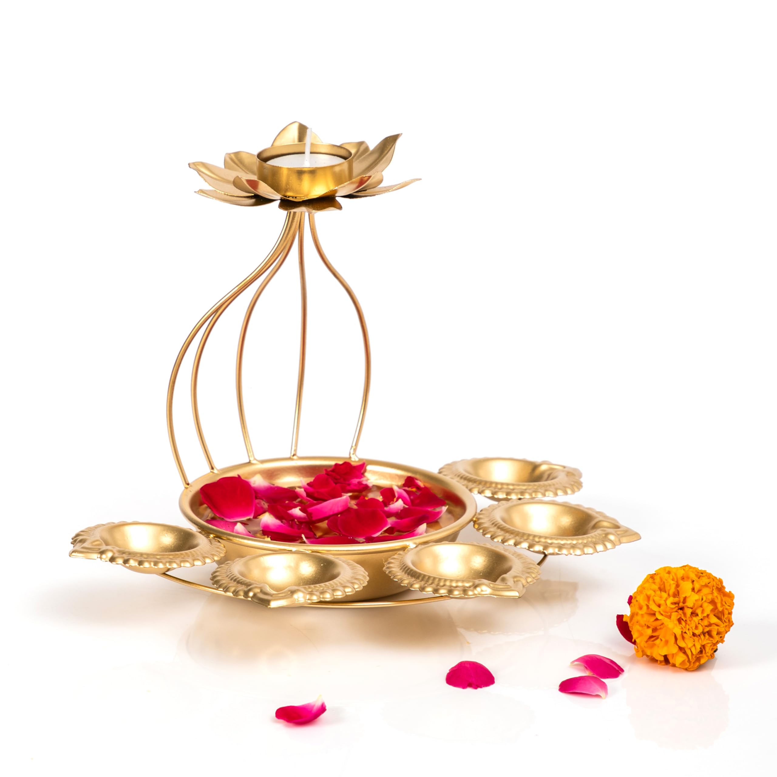 CraftVatika Metal Lotus Tealight Candle Holder for Diwali Decoration Items with Base of Urli Bowl and Diya - Gold (Height 18.5 CM), Diwali Gift Items – view 7
