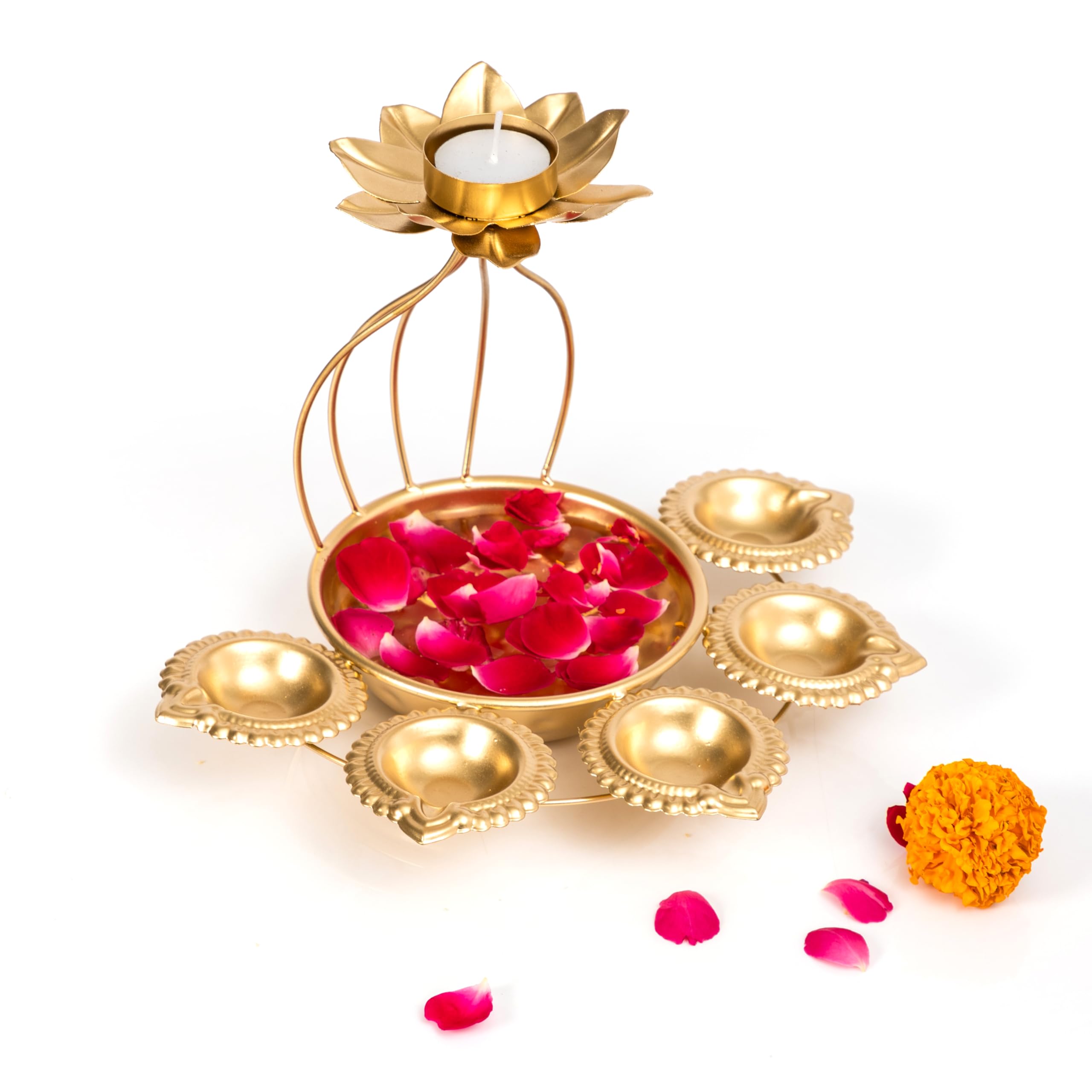 CraftVatika Metal Lotus Tealight Candle Holder for Diwali Decoration Items with Base of Urli Bowl and Diya - Gold (Height 18.5 CM), Diwali Gift Items – view 8