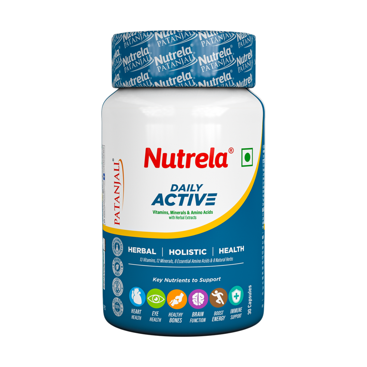 Nutrela multivitamin bottle with 30 vegetarian capsules for adults