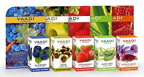 Five assorted Vaadi Herbals facial bars in multicolored 25g bar box