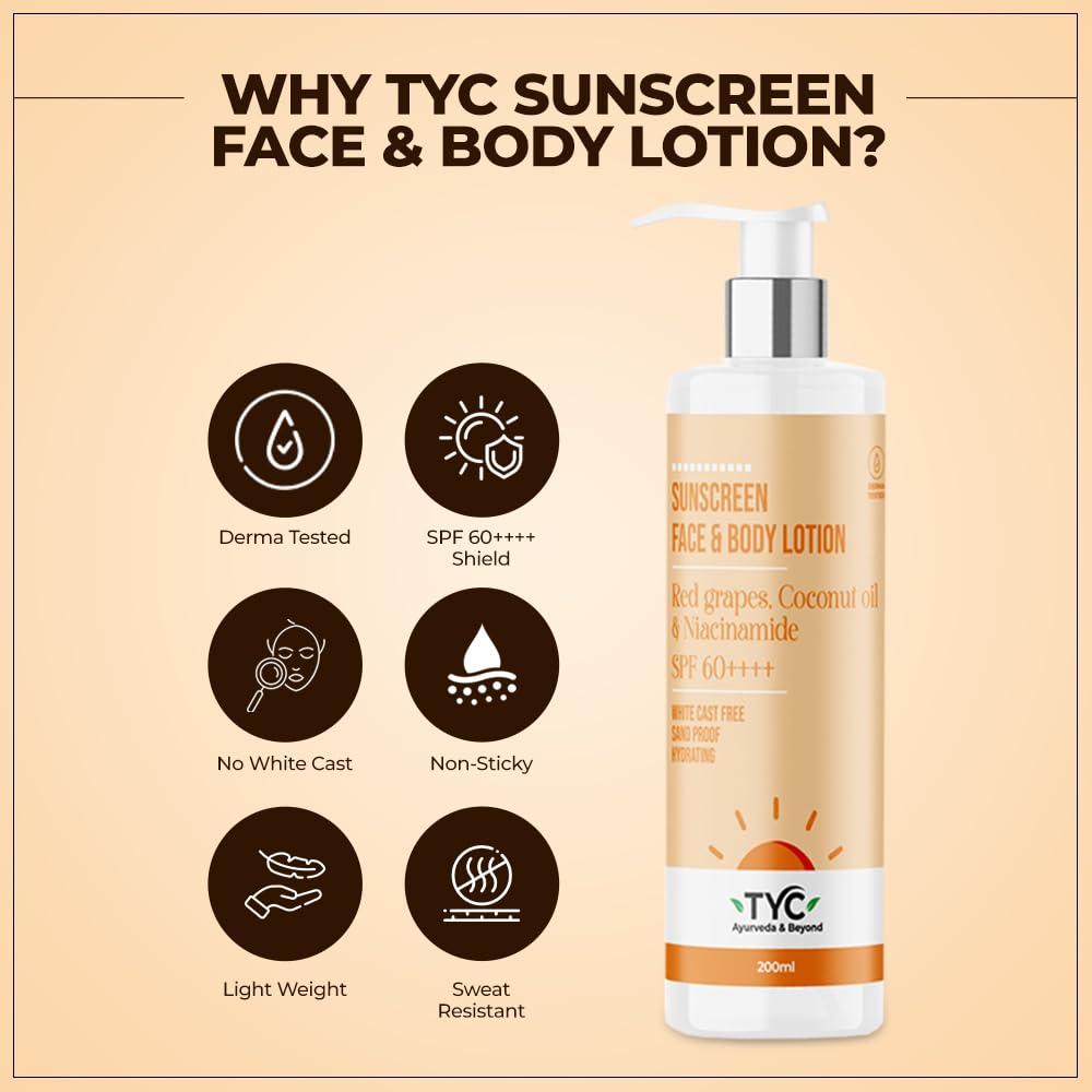 TYC - TRUST YOUR CHOICE Sunscreen Spf 60++++ Face And Body Lotion, With Coconut Oil And Niacinamide, No White Cast And Sand Proof, Hydrating Ayurvedic And Natural, For All Skin Types (200 Ml) – view 3