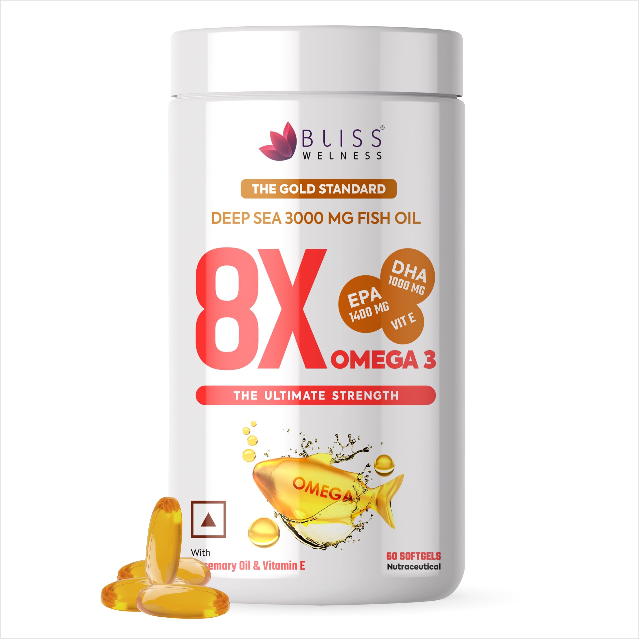 Bottle of Bliss Welness omega 3 fish oil softgels