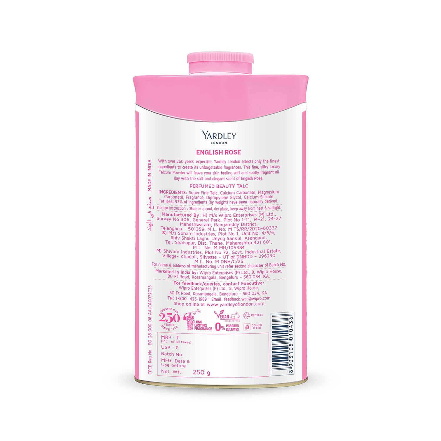 Yardley London English Rose Perfumed Talc Spray for Women with Super Fine Talc, Calcium Carbonate, Magnisum Carbonate, Fragrance, Dipropylene Glycol, Calcium Silicate, Triclosan, Pack of 1, 250g – view 4