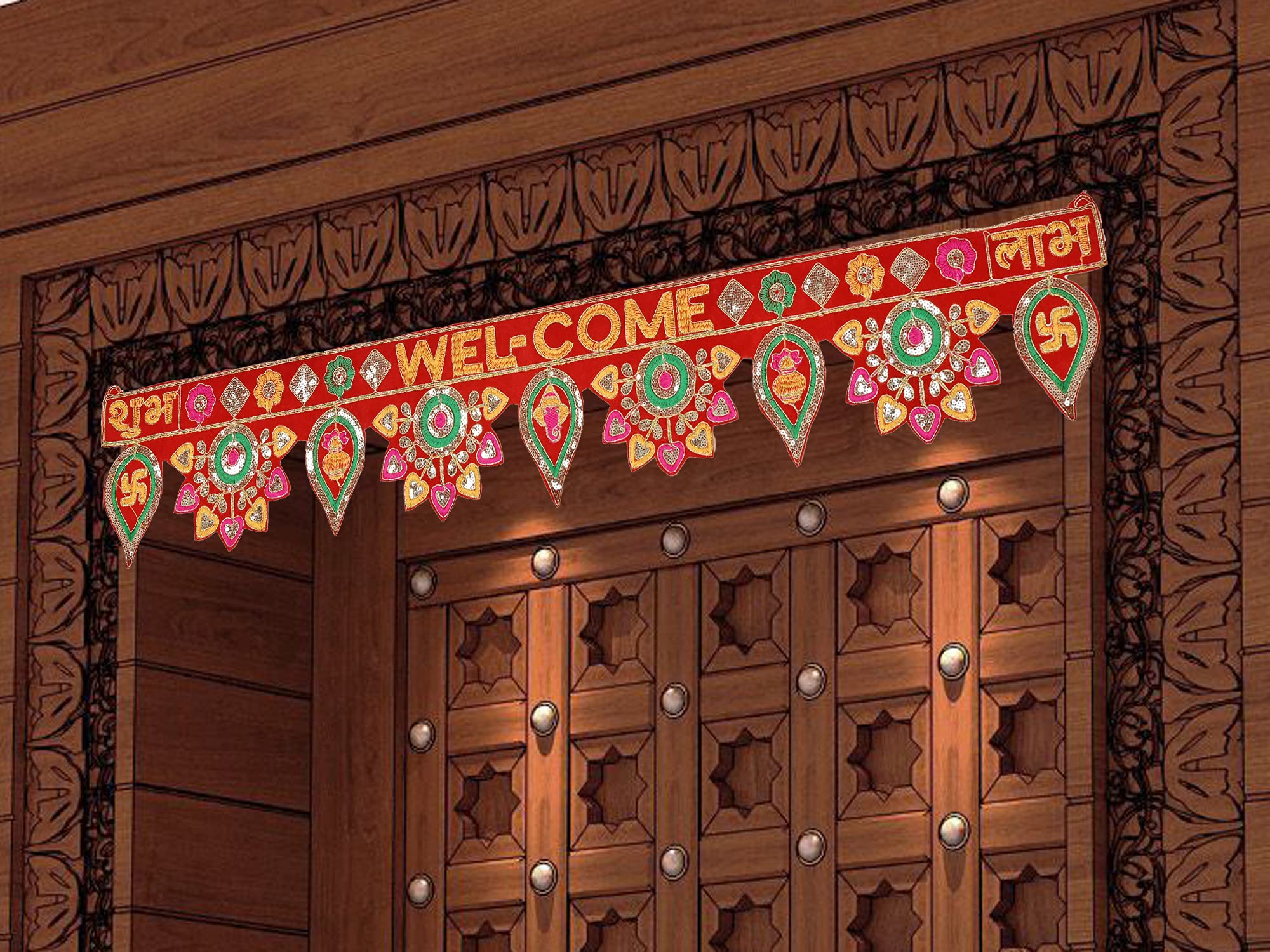 CraftVatika Welcome Toran bandarwal for Main Door Hanging Entrance Decoration Ganesha toranam Diwali Traditional puja Home Decor Velvet Handmade