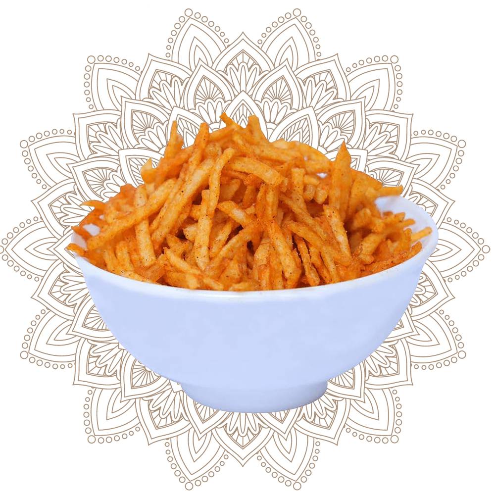 Navaratri Fasting Special Aloo Laccha made from Potato strips fried in oil and sprinkled with fasting sendha namak( salt ) & Chilli pepper , Crunchy and tasty fasting snack (180 gm ) – view 1