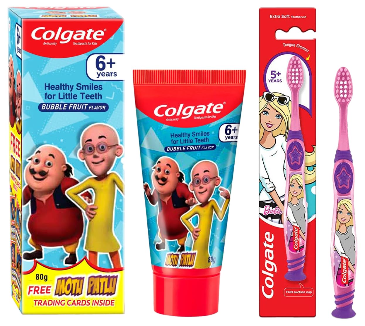 Colgate Kid's Motu Patlu Anticavity Bubble Fruit Flavour Toothpaste, Cavity Protection, Enamel Protection - 80g & Colgate Kids Barbie Manual Toothbrush,Multicolor,1 Piece COMBO – view 1
