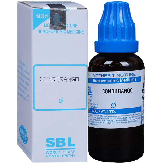 Condurango Mother Tincture Q homeopathic drops bottle on white background