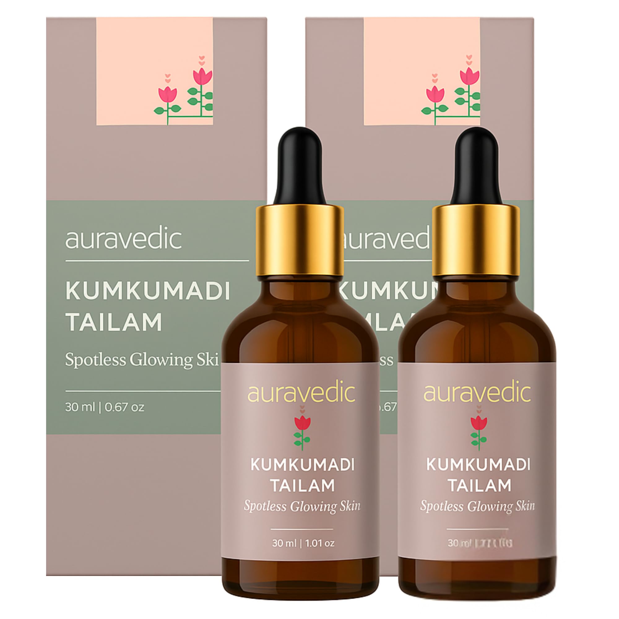 Two Auravedic Kumkumadi Tailam bottles for glowing skin face care