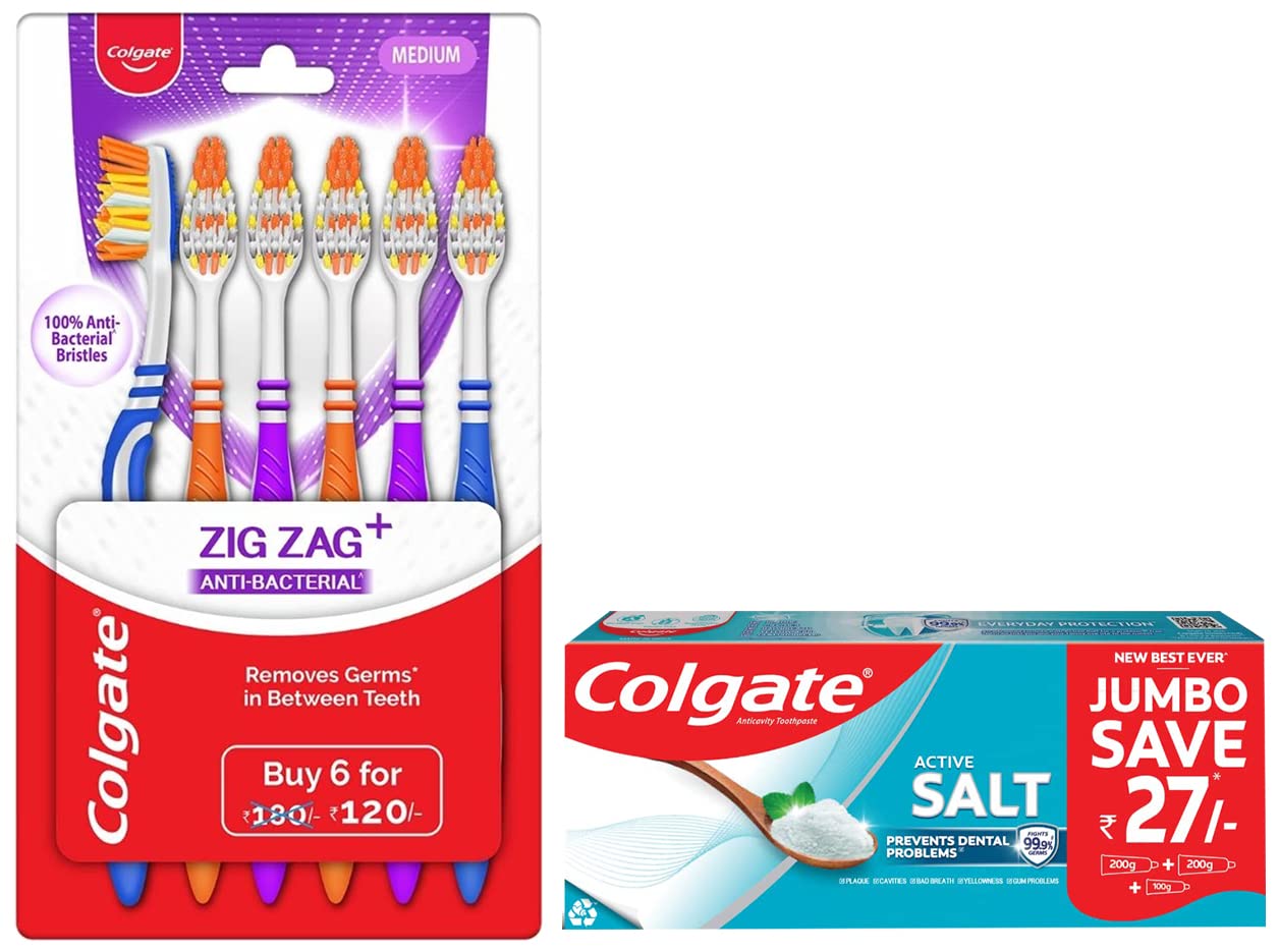 Colgate toothpaste and multicolour ZigZag toothbrushes for adults