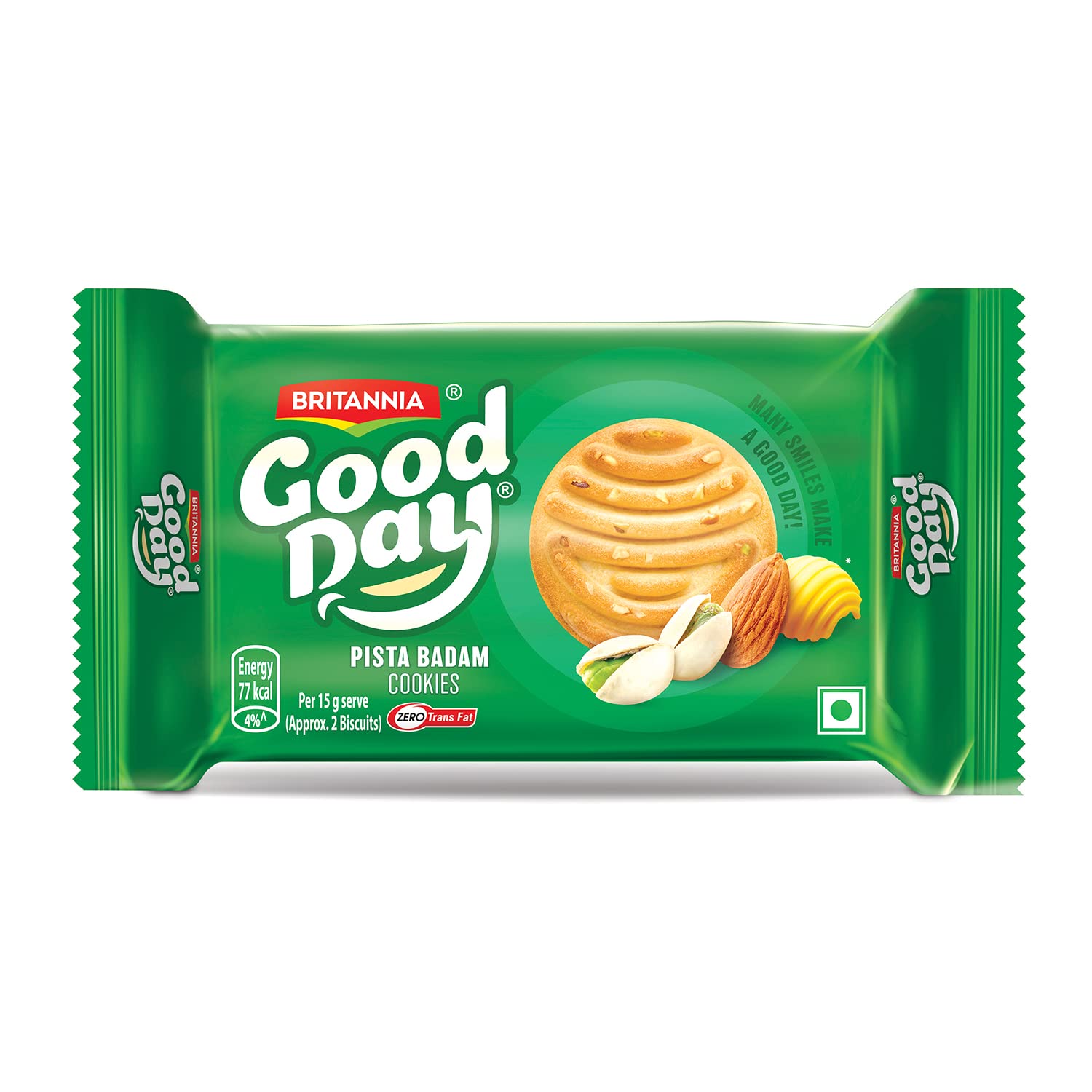 Front view of Britannia Good Day Pista Badam Cookies pouch