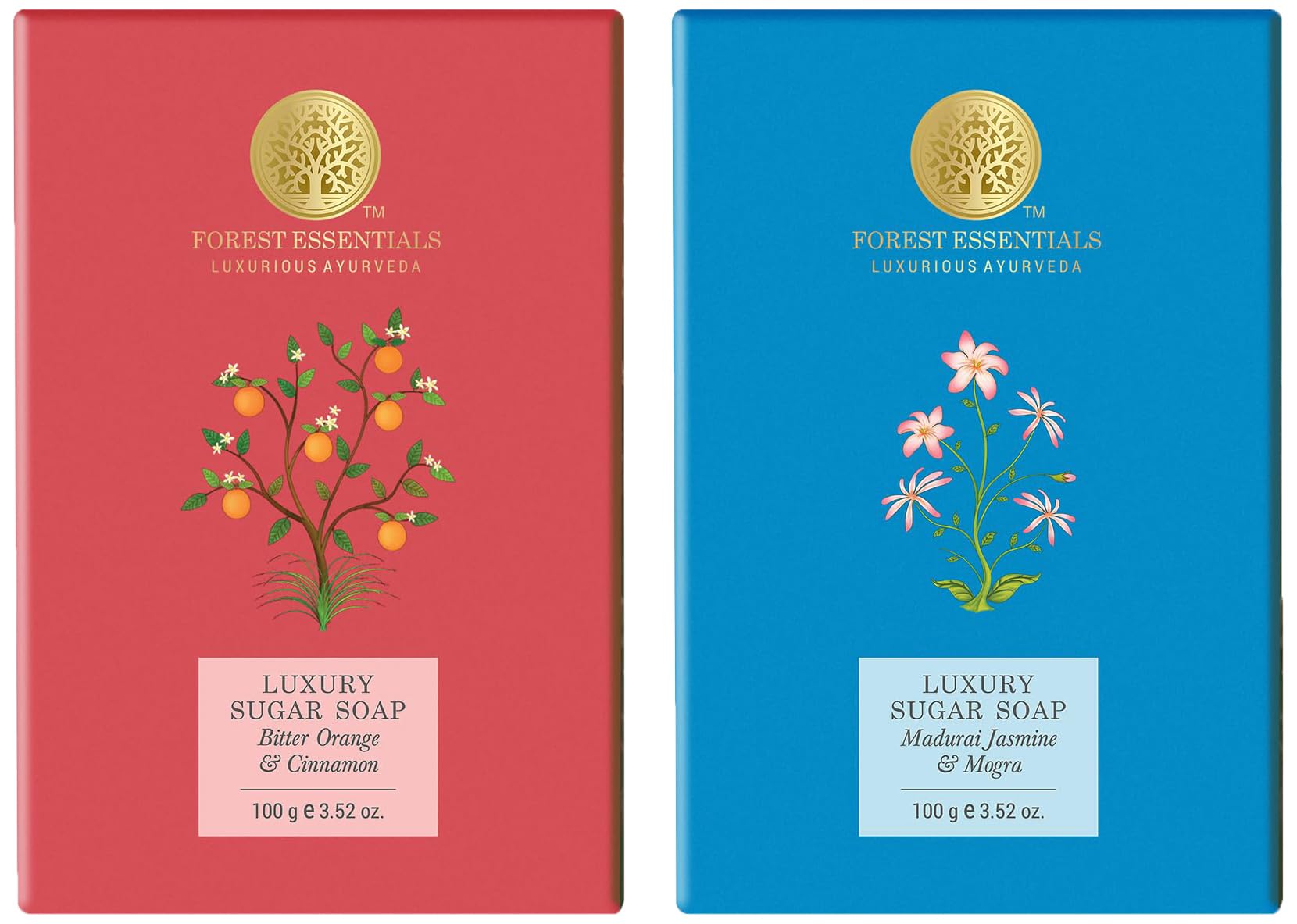 Two Forest Essentials luxury sugar soaps in jasmine and cinnamon variants