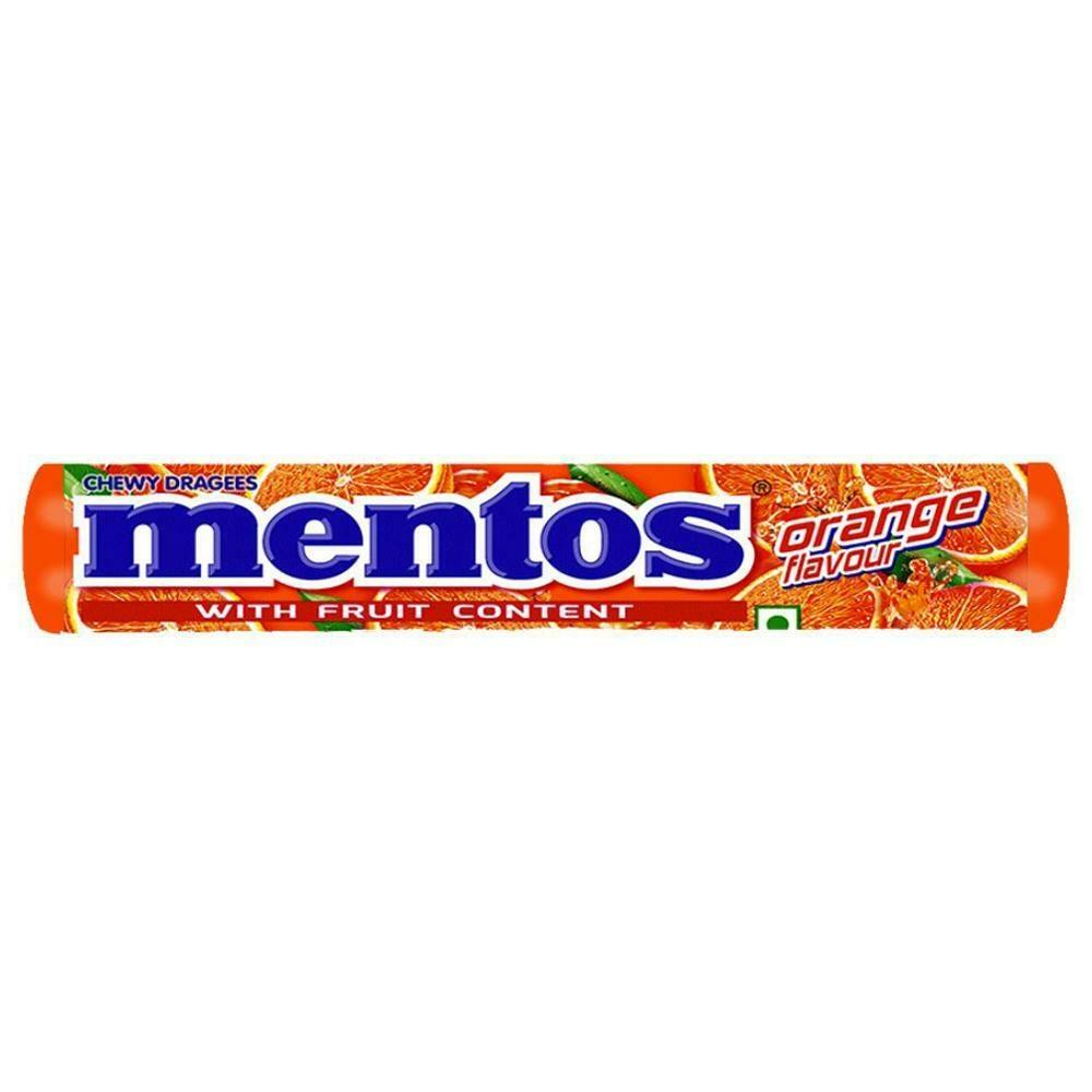 Mentos orange chewy dragees pack showing 36.4 g size