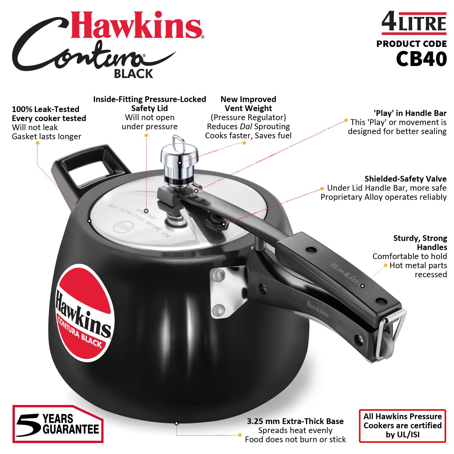 Hawkins 4 Litre Contura Black Pressure Cooker, Hard Anodised Inner Lid Cooker, Handi Cooker, Black (CB40) – view 8