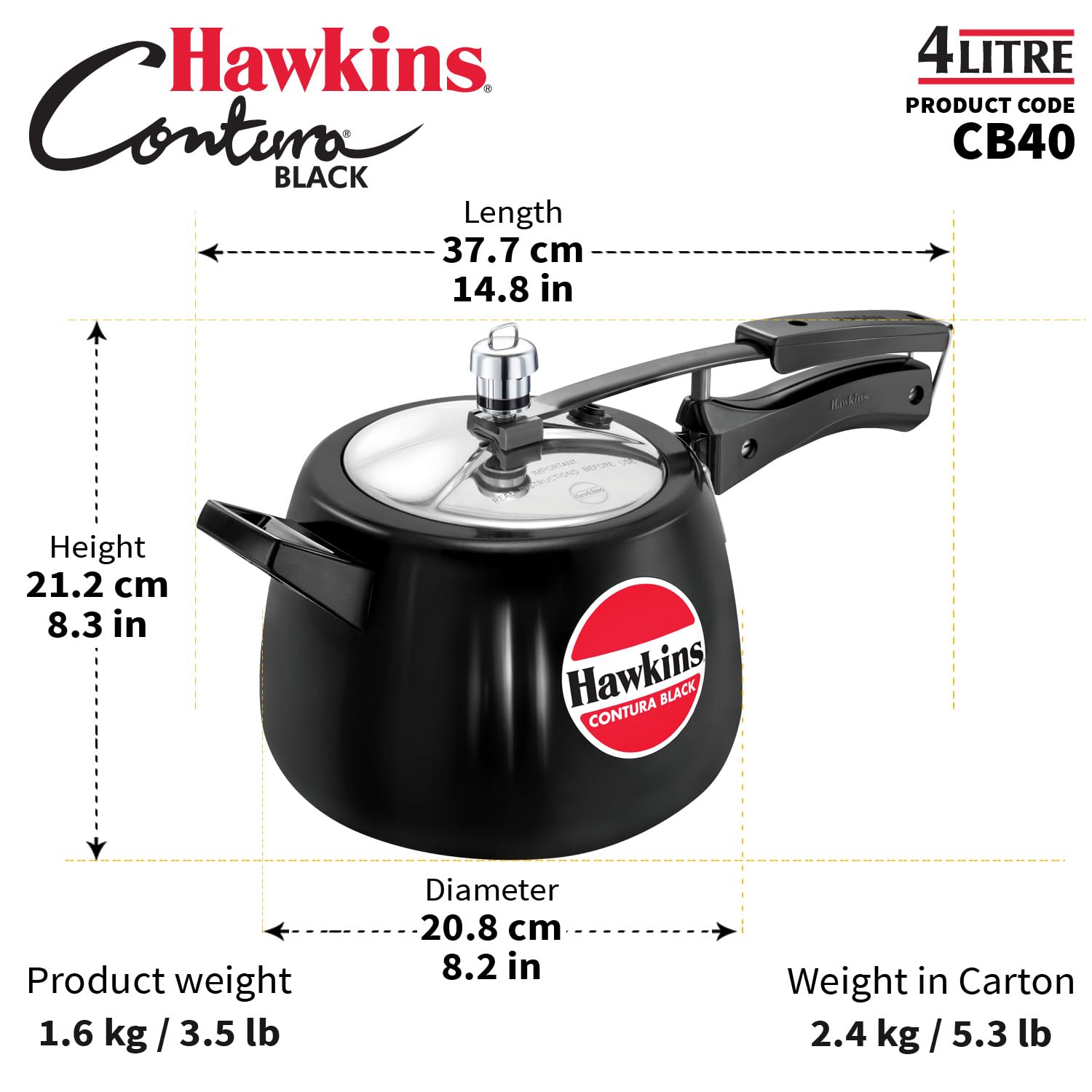 Hawkins 4 Litre Contura Black Pressure Cooker, Hard Anodised Inner Lid Cooker, Handi Cooker, Black (CB40) – view 9