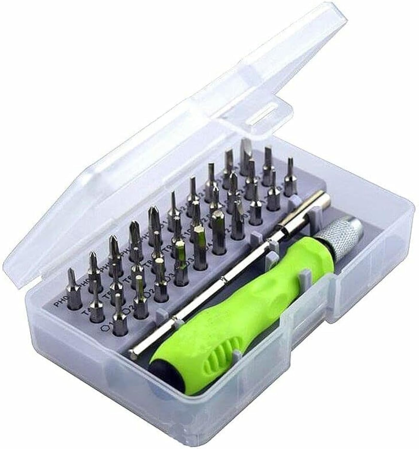 Compact multicolor precision screwdriver kit with magnetic bits and extension rod