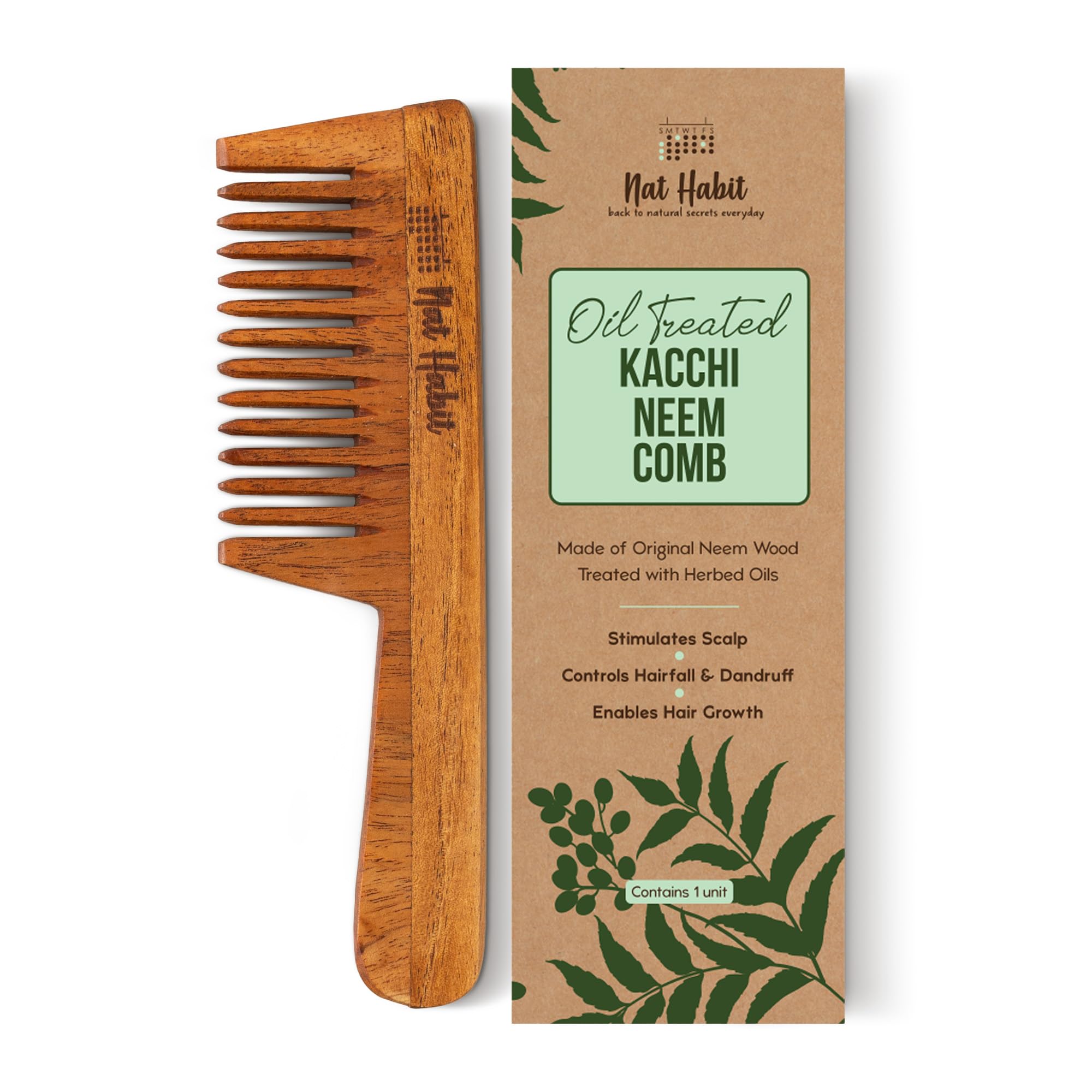 Wide tooth Nat Habit neem wooden comb treated with herbs and oils