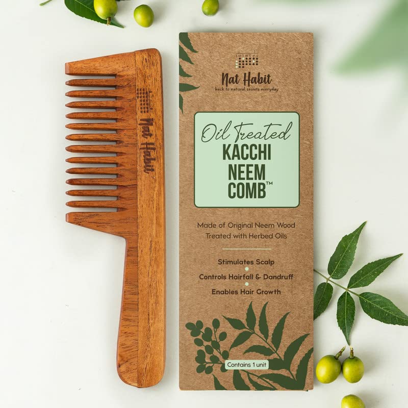 Nat Habit Kacchi Neem Wooden Comb, Soaked In 17 Herbs, Neem & Sesame Oil For Multi-Actions - Detangling, Frizz Control & Shine Suited For All Hair Types (Wide Tooth) – view 3