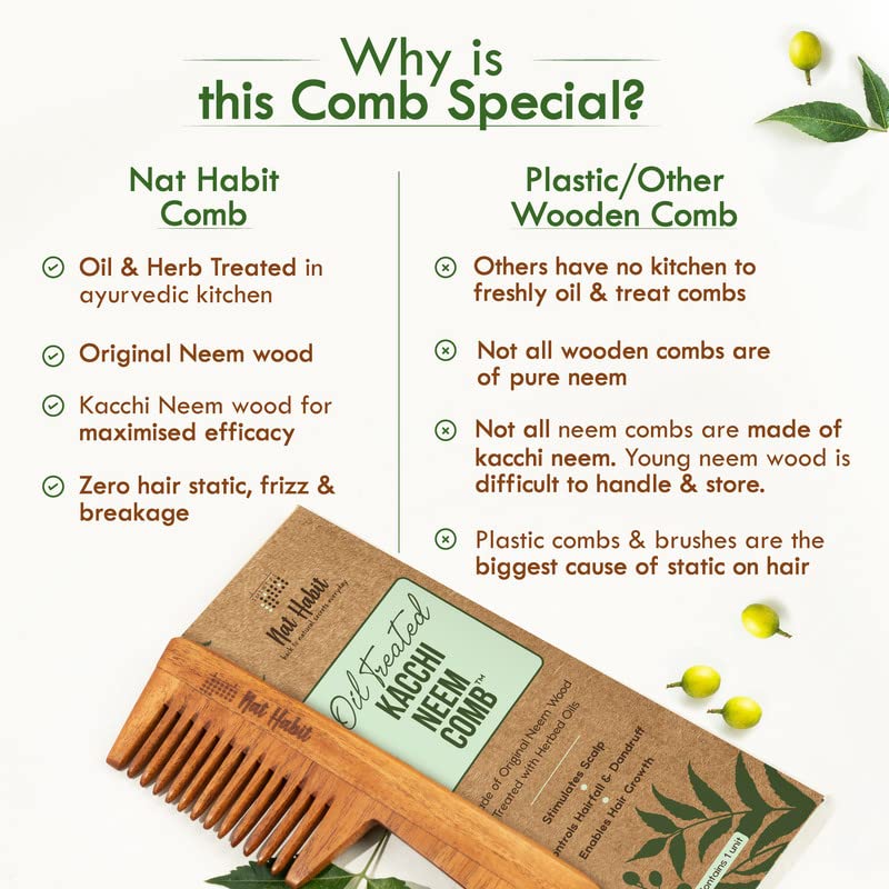 Nat Habit Kacchi Neem Wooden Comb, Soaked In 17 Herbs, Neem & Sesame Oil For Multi-Actions - Detangling, Frizz Control & Shine Suited For All Hair Types (Wide Tooth) – view 6
