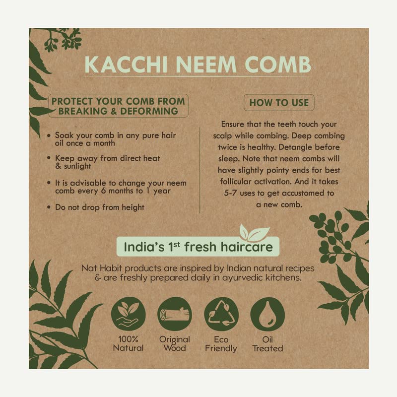Nat Habit Kacchi Neem Wooden Comb, Soaked In 17 Herbs, Neem & Sesame Oil For Multi-Actions - Detangling, Frizz Control & Shine Suited For All Hair Types (Wide Tooth) – view 7