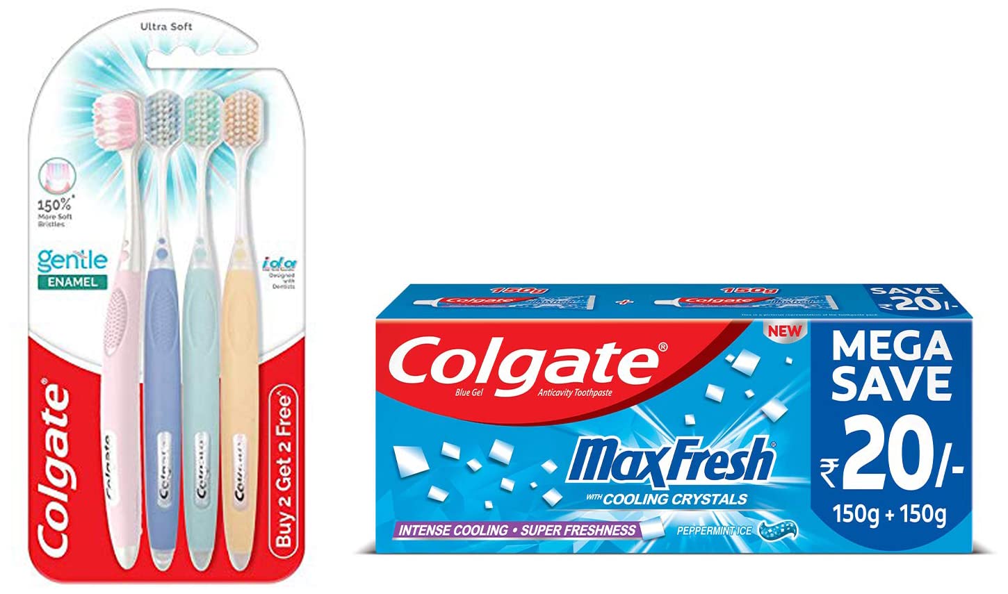 Colgate Gentle Enamel Ultra Soft Bristles Toothbrush, 4 Pcs (Buy2 Get 2), Soft Bristles for Enamel Care & MaxFresh Toothpaste, Blue Gel Paste with Menthol for Super Fresh Breath, 300g, 150g X 2 – view 1
