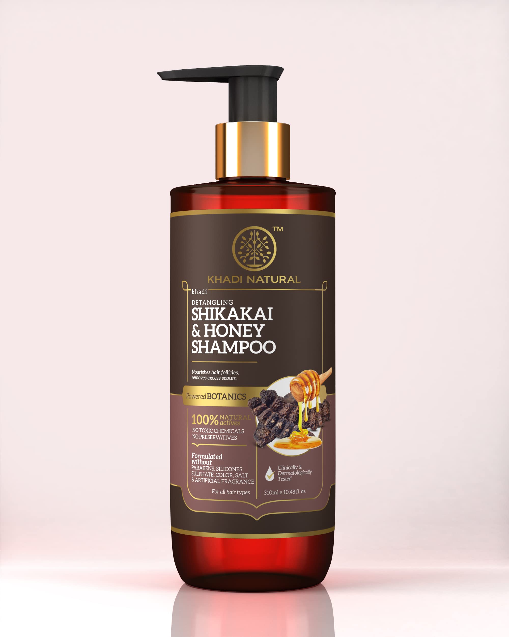 Front view of Khadi Natural Shikakai and Honey Shampoo bottle