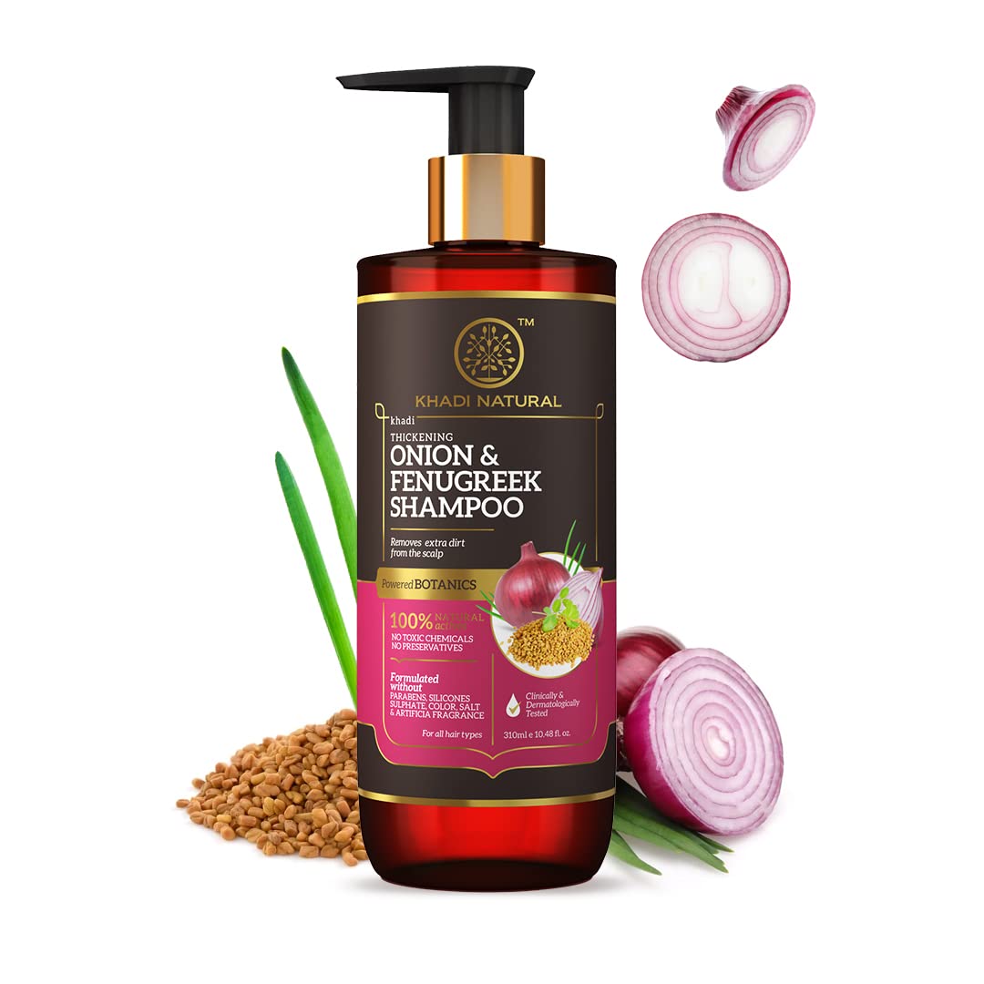 Front bottle of Khadi Natural Onion and Fenugreek Shampoo 310 ml