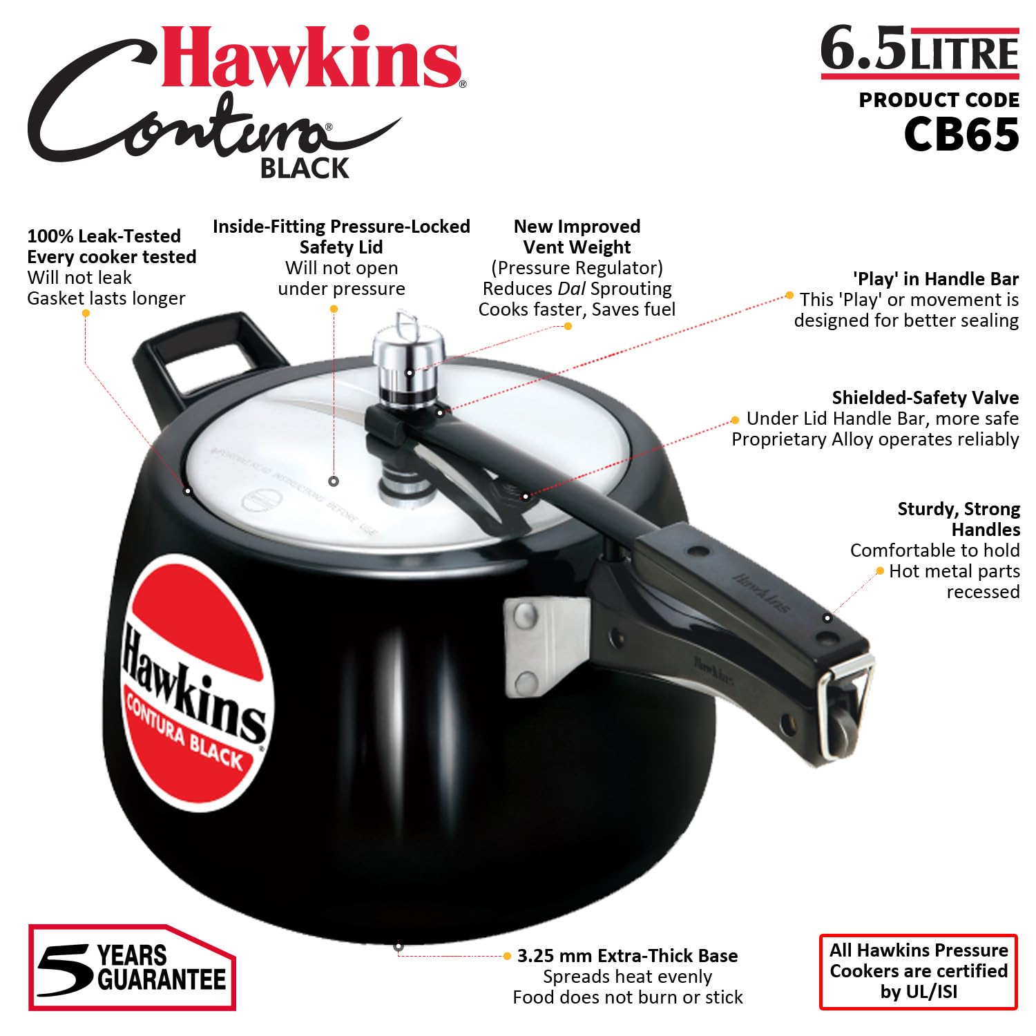 Hawkins 6.5 Litre Contura Black Pressure Cooker, Hard Anodised Inner Lid Cooker, Handi Cooker, Black (CB65) – view 8