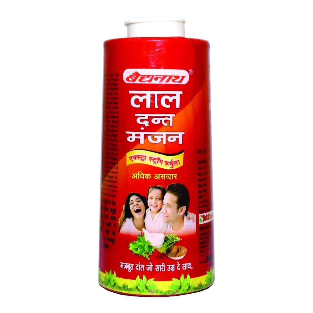 Front view of Baidyanath Lal Dant Manjan Powder 200g bottle